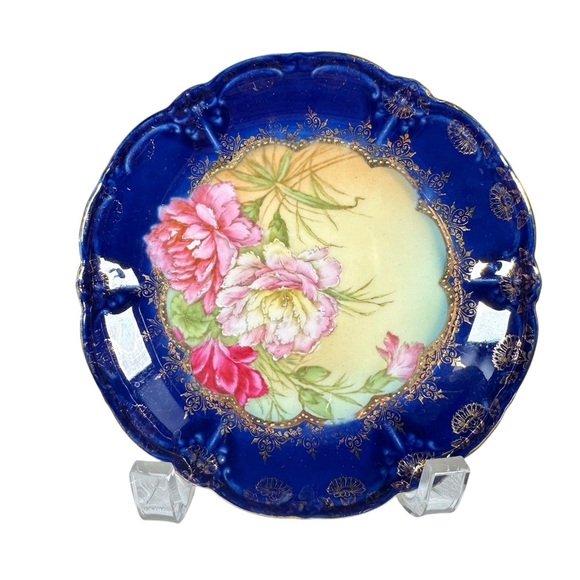 Set of 4 VINTAGE Floral Cobalt  Gold Accented Bavarian Porcelain Salad Plates - Picture 1 of 5